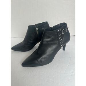 Lavorazione Artigiana Black Leather Pointy Toe Studded Buckle Ankle Zip Boot 8.5